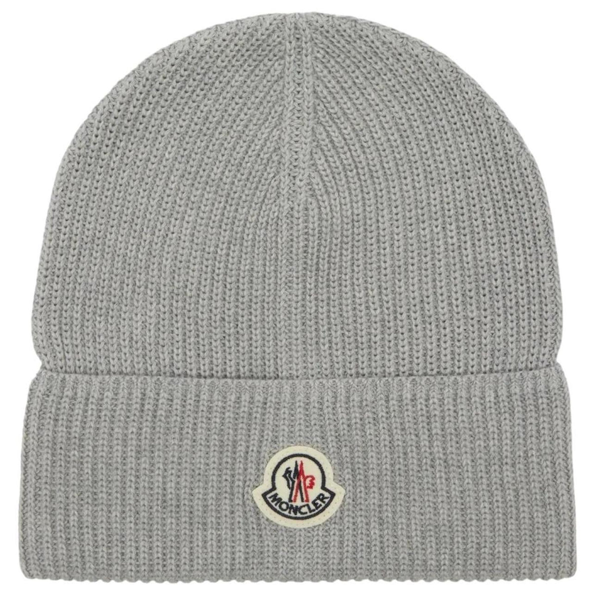 Moncler grey ribbed cotton beanie hat with logo patch and brand tags.