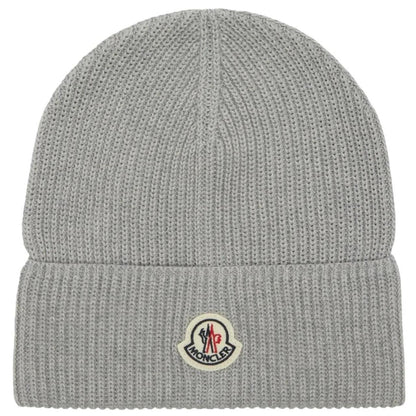 Moncler grey ribbed cotton beanie hat with logo patch and brand tags.