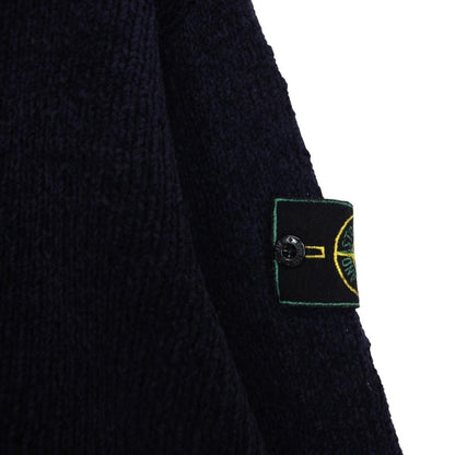 Stone Island navy blue chenille cotton knit jumper with iconic compass logo patch.