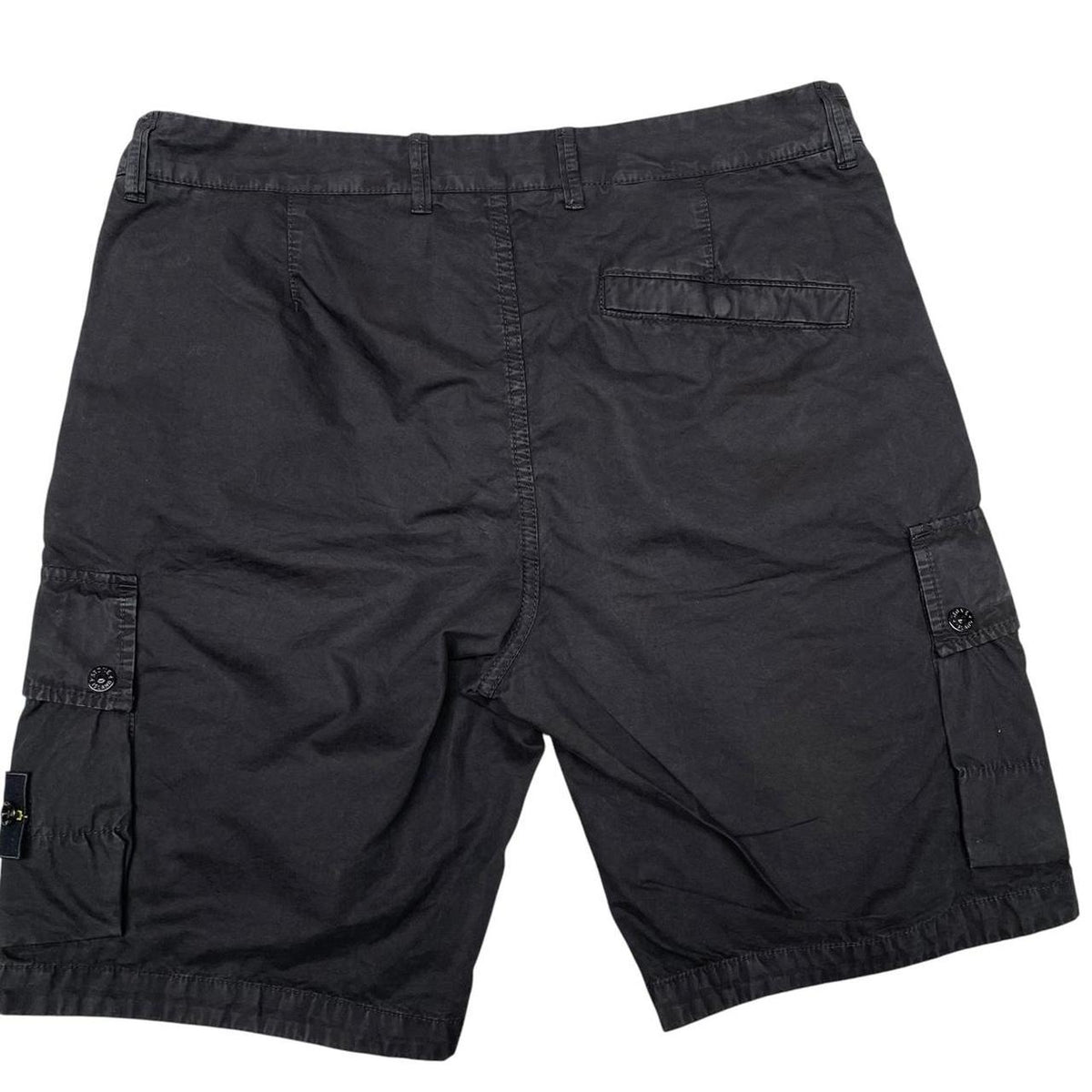Stone Island black cargo shorts with logo patch and cotton material.