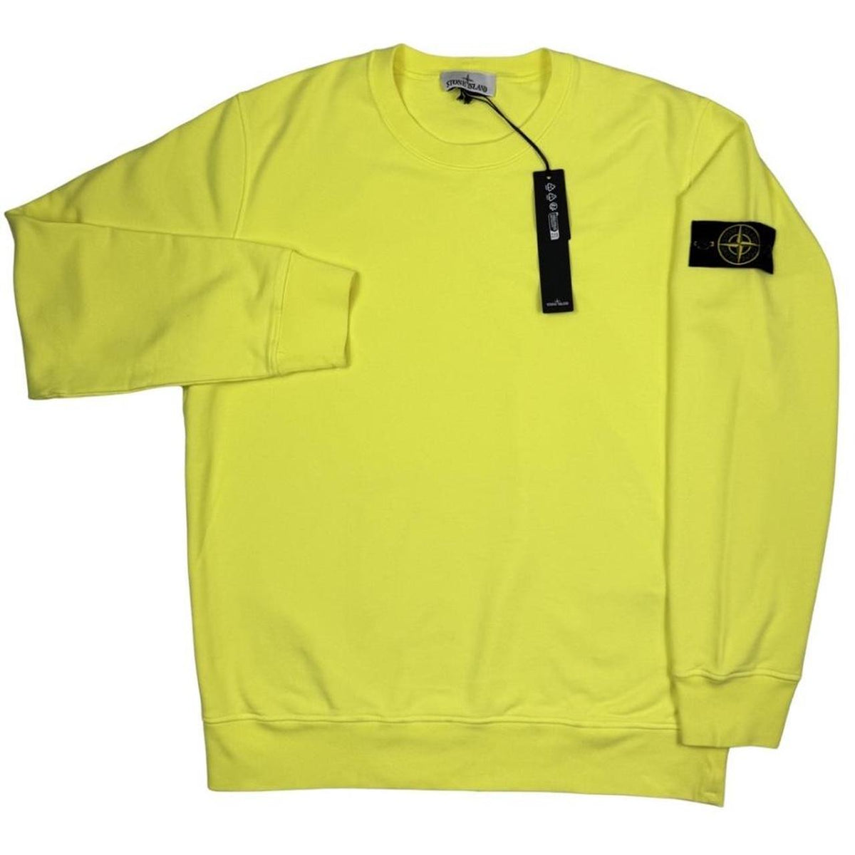 Stone Island yellow sweatshirt made from organic cotton with logo patch on sleeve.