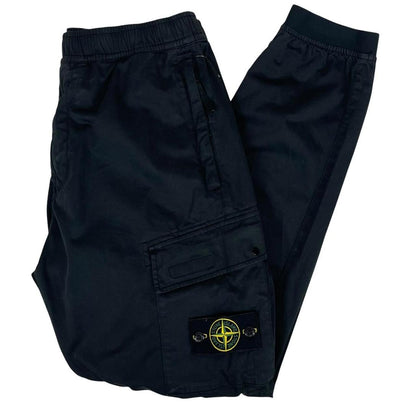 Stone Island black cargo trousers with logo patch and RE-T Fit design.