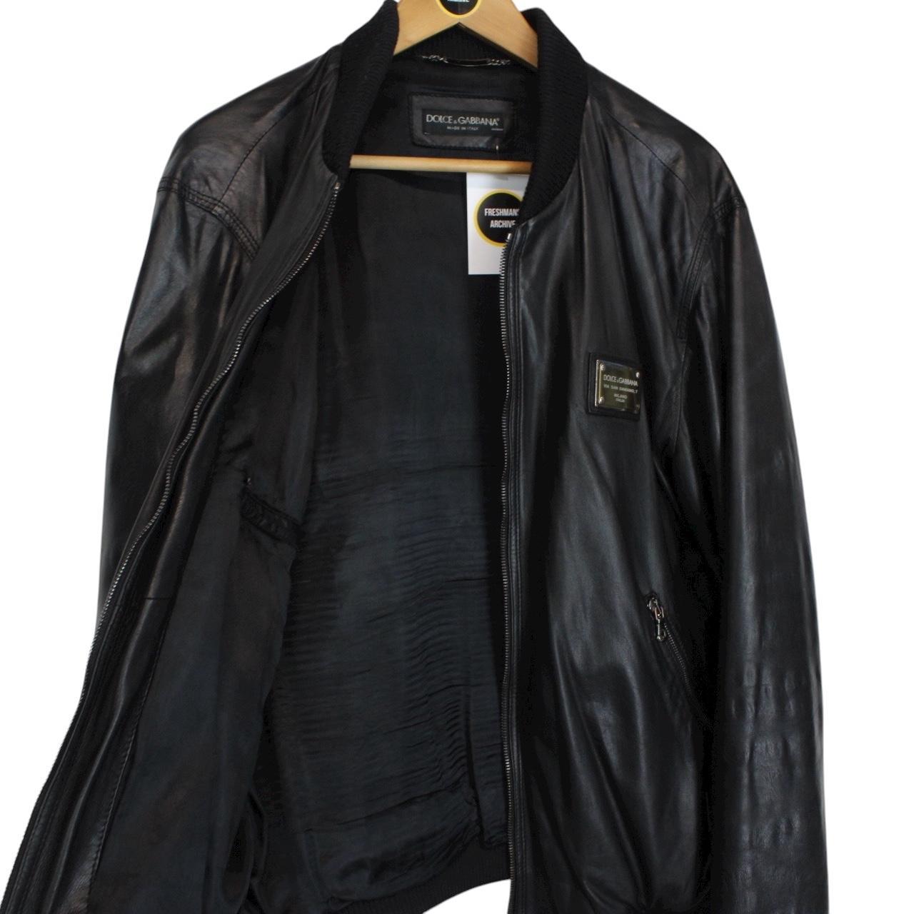 Dolce &amp; Gabbana Black Full Zip Logo Plaque Leather Jacket