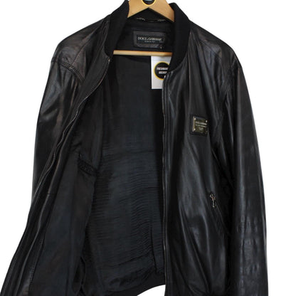 Dolce &amp; Gabbana Black Full Zip Logo Plaque Leather Jacket