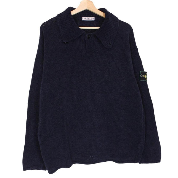 Stone Island navy blue chenille cotton knit jumper with iconic compass logo patch.