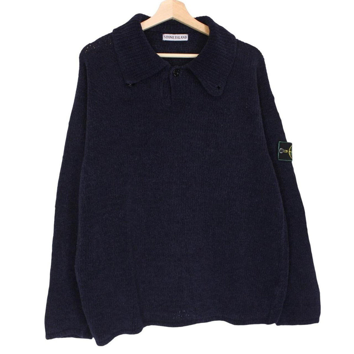 Stone Island navy blue chenille cotton knit jumper with iconic compass logo patch.