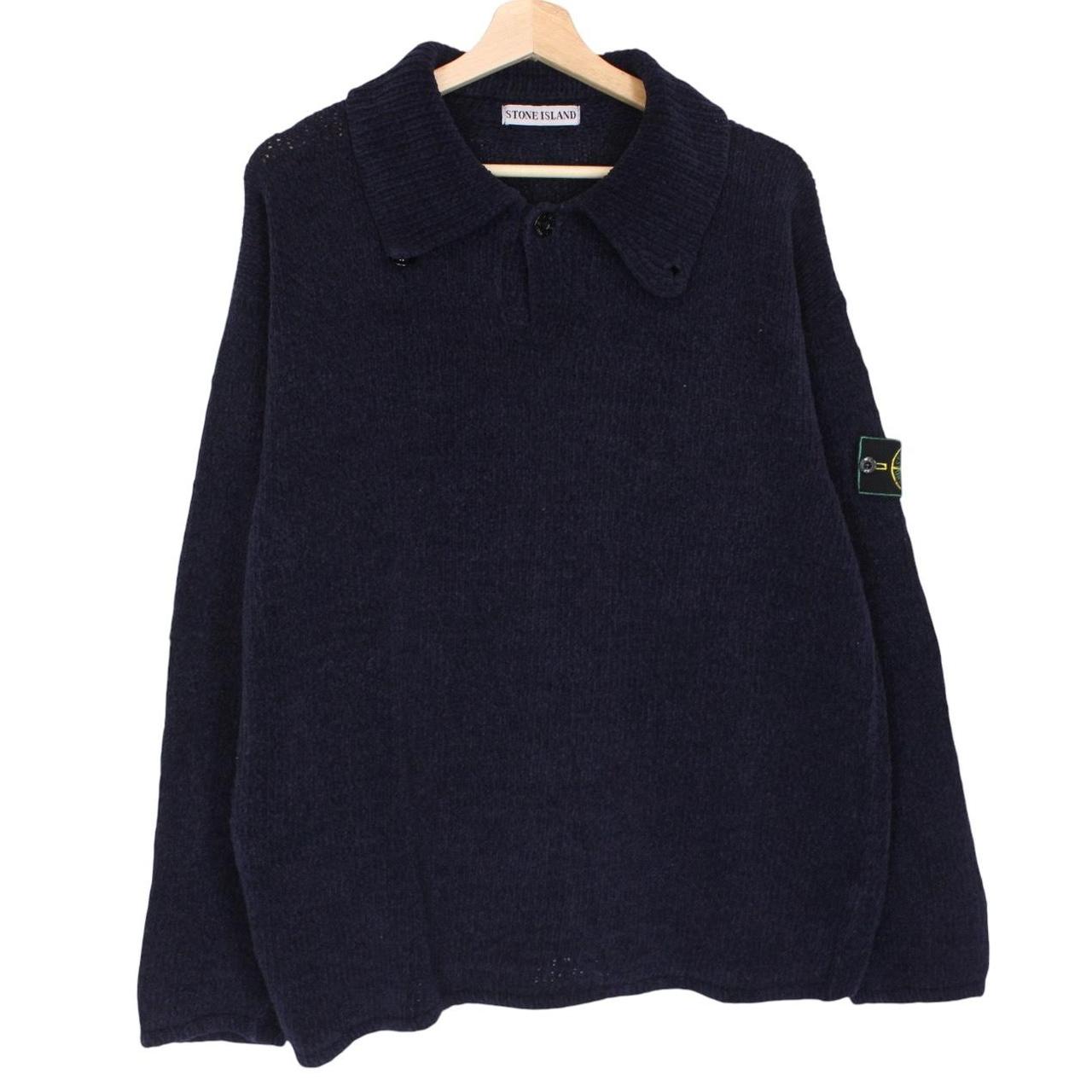 Stone Island navy blue chenille cotton knit jumper with iconic compass logo patch.