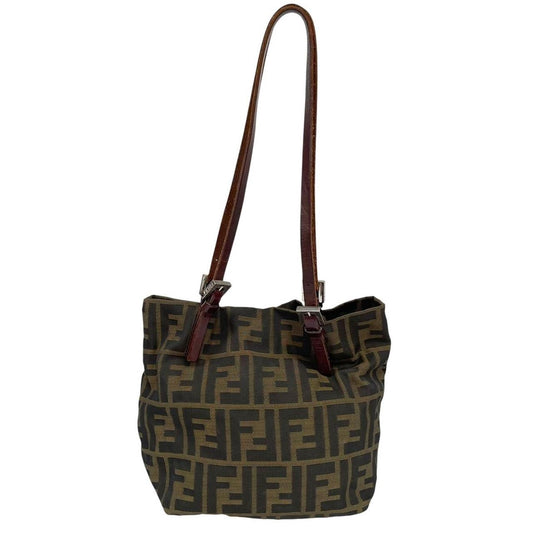 Fendi brown duffel bag featuring iconic Zucca monogram canvas and durable handles.