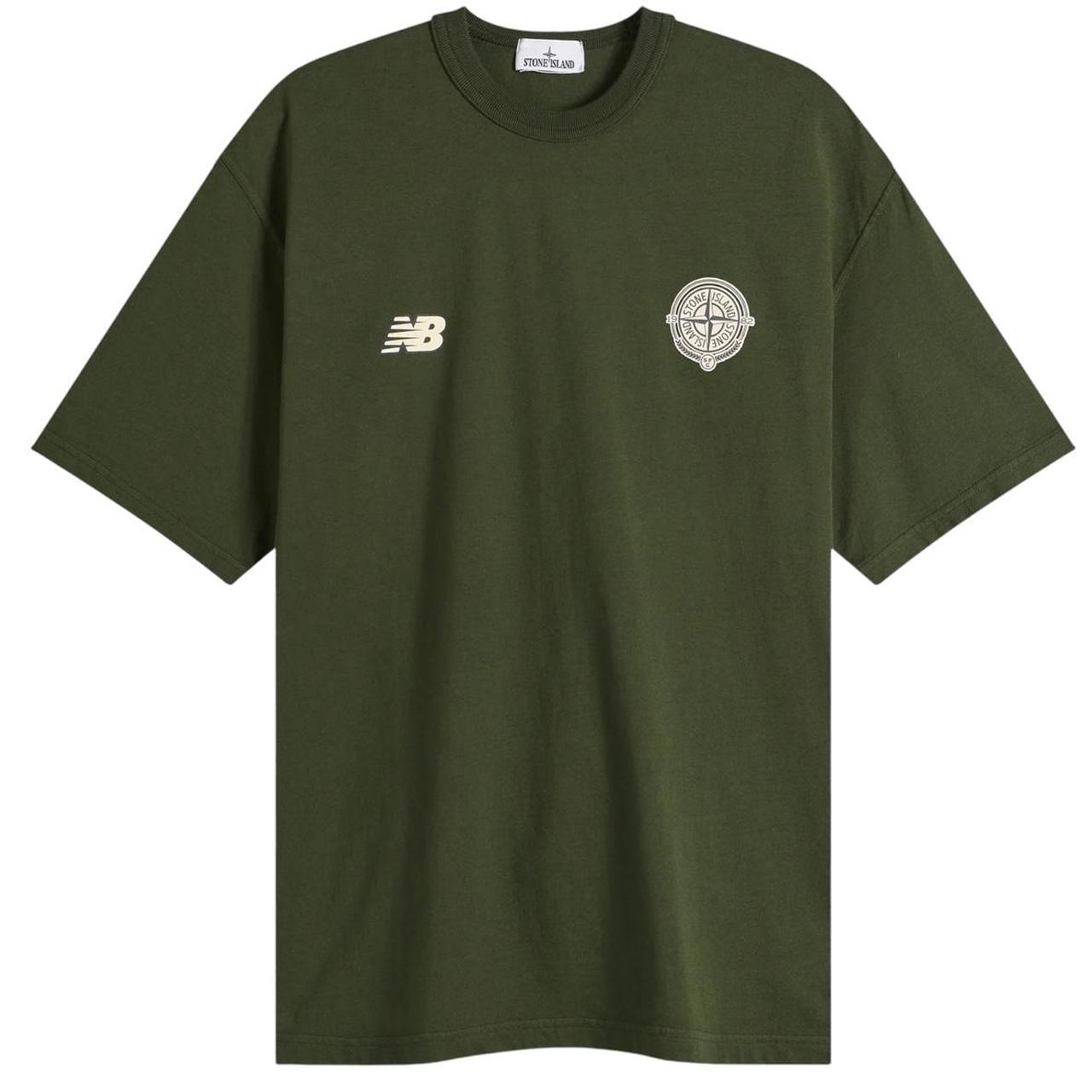 Stone Island green pocket t-shirt with embroidered crest and New Balance logo.