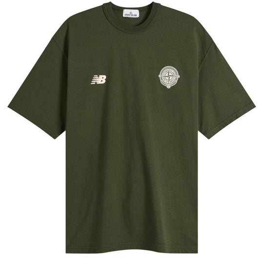 Stone Island green pocket t-shirt with embroidered crest and New Balance logo.