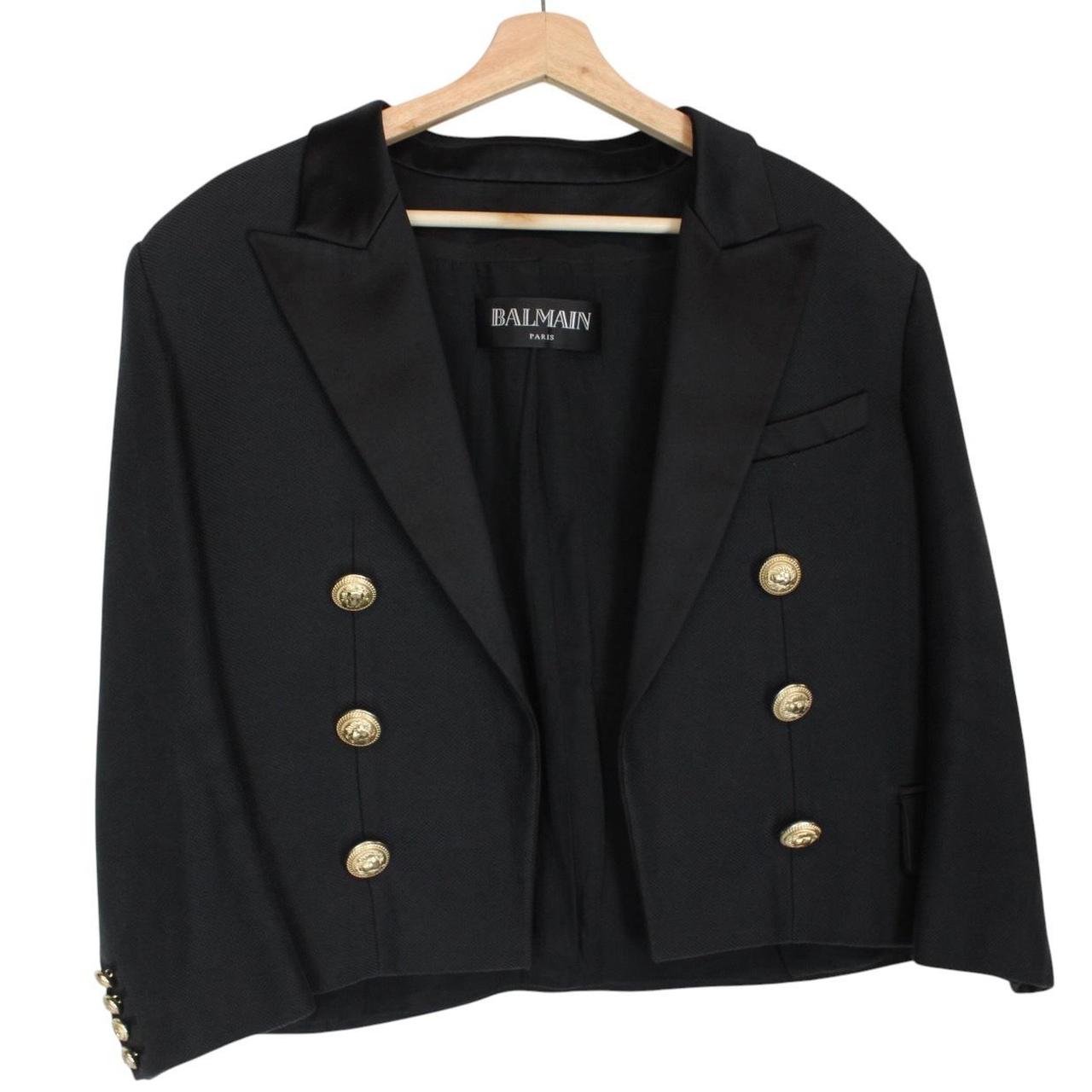 Balmain black cropped blazer jacket silk blend with gold buttons and logo detailing.