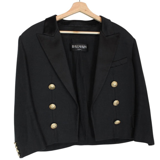 Balmain black cropped blazer jacket silk blend with gold buttons and logo detailing.