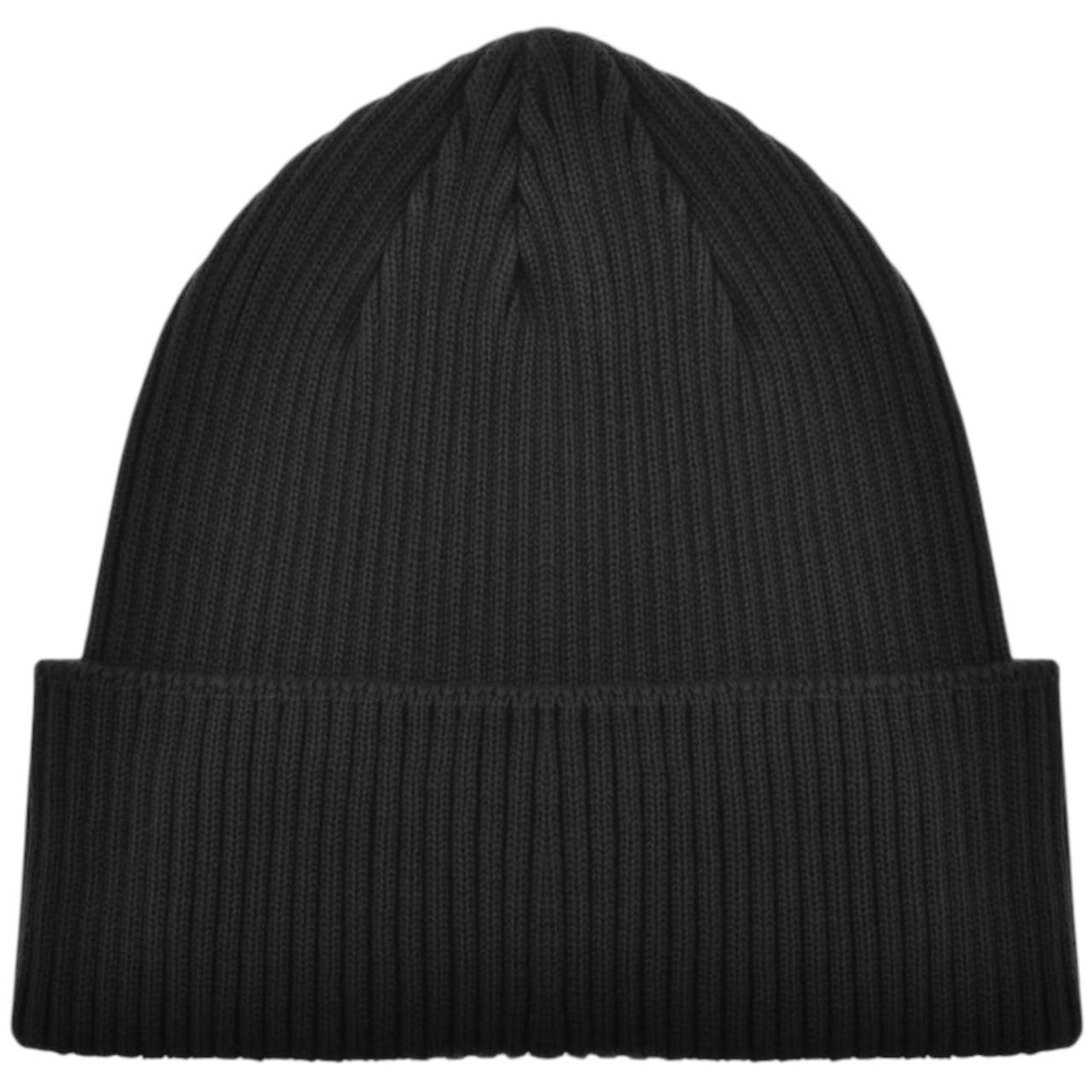 CP Company black beanie hat with goggle detail and cotton material.