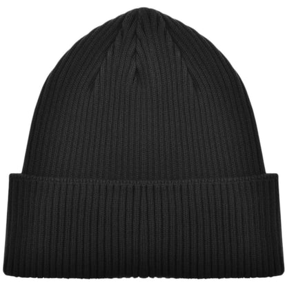 CP Company black beanie hat with goggle detail and cotton material.
