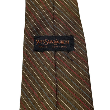 Yves Saint Laurent khaki brown striped tie with elegant pattern and vintage design.