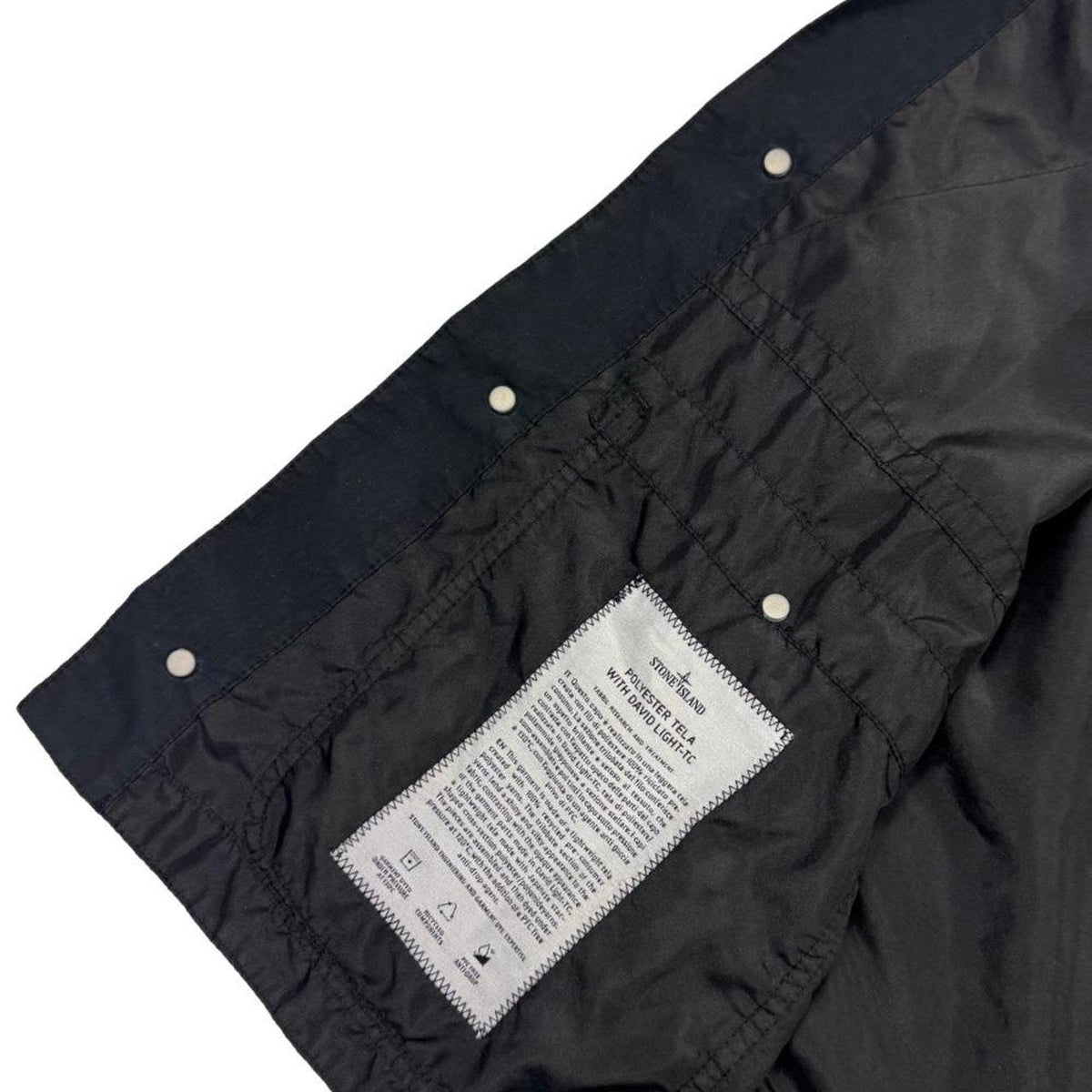 Stone Island black vest jacket, lightweight polyester, logo patch on chest.