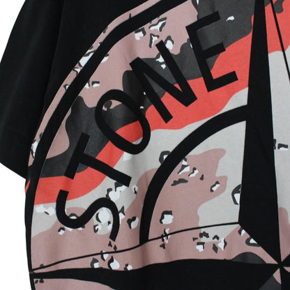 Stone Island black short sleeve t-shirt with desert camo pattern and compass logo.