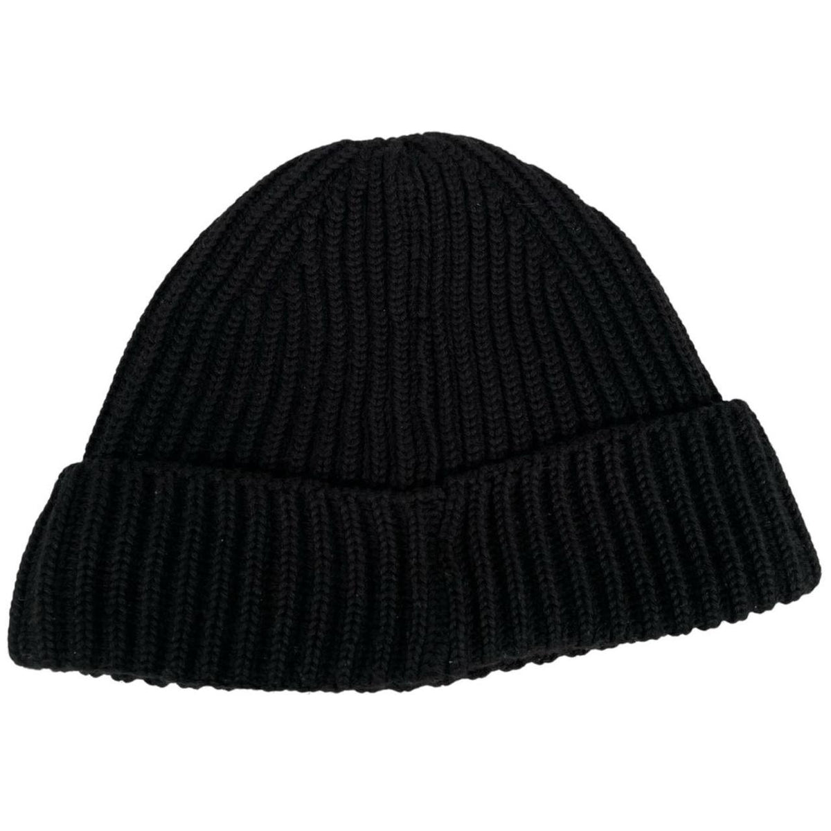 CP Company black wool knit beanie hat with signature lens detail.