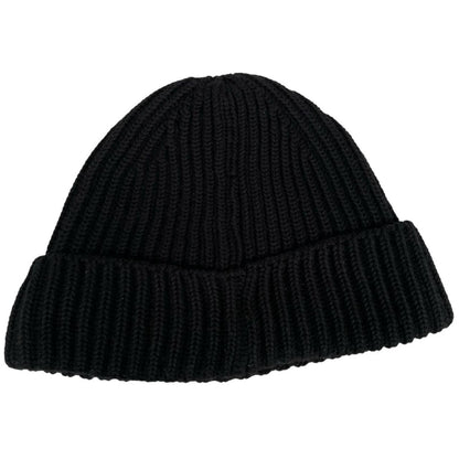 CP Company black wool knit beanie hat with signature lens detail.