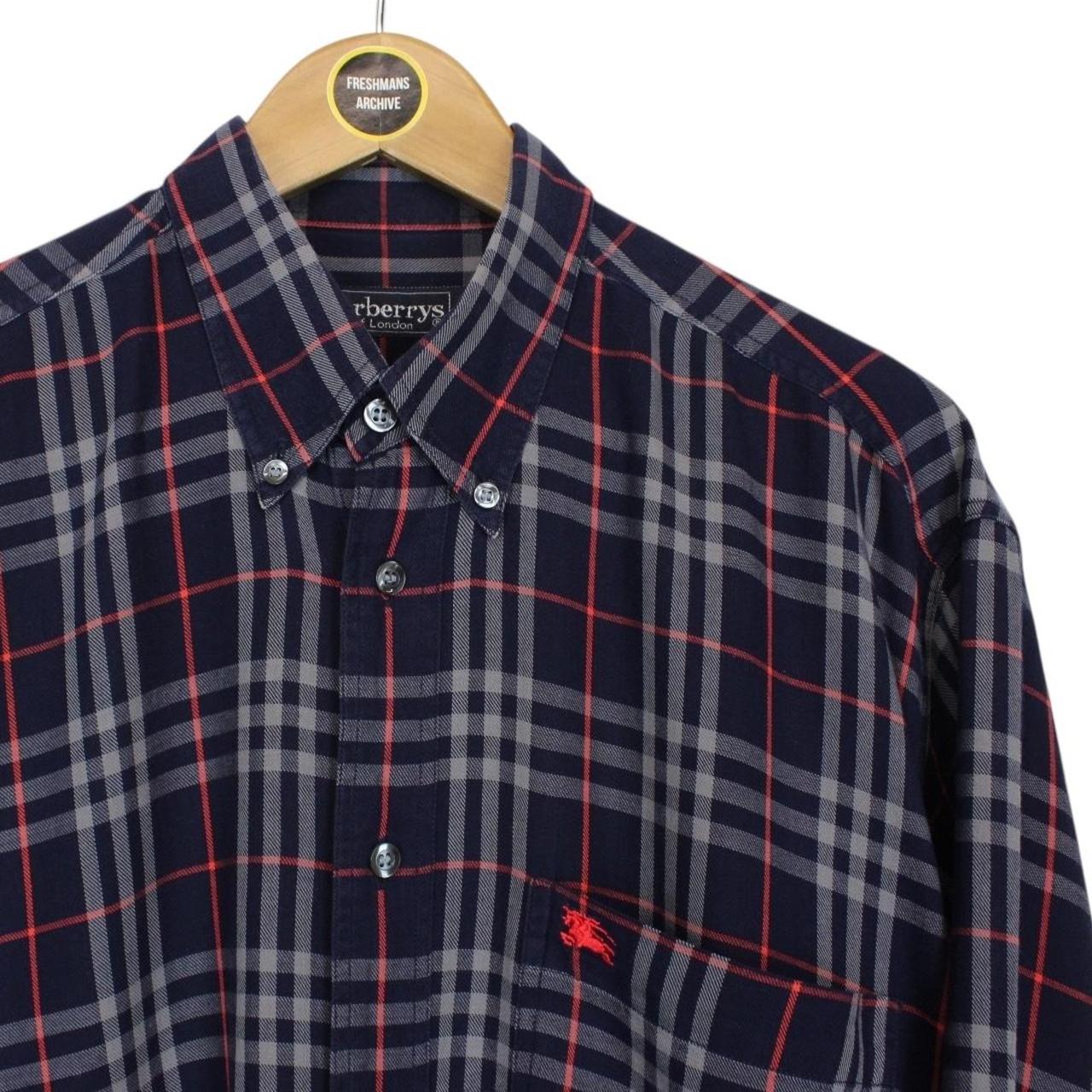 Vintage 90s Burberry Navy Blue Nova Check Long Sleeve Cotton Shirt