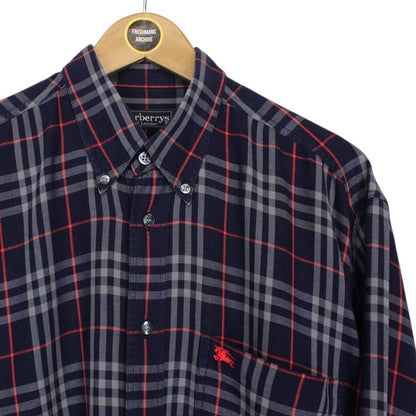 Vintage 90s Burberry Navy Blue Nova Check Long Sleeve Cotton Shirt