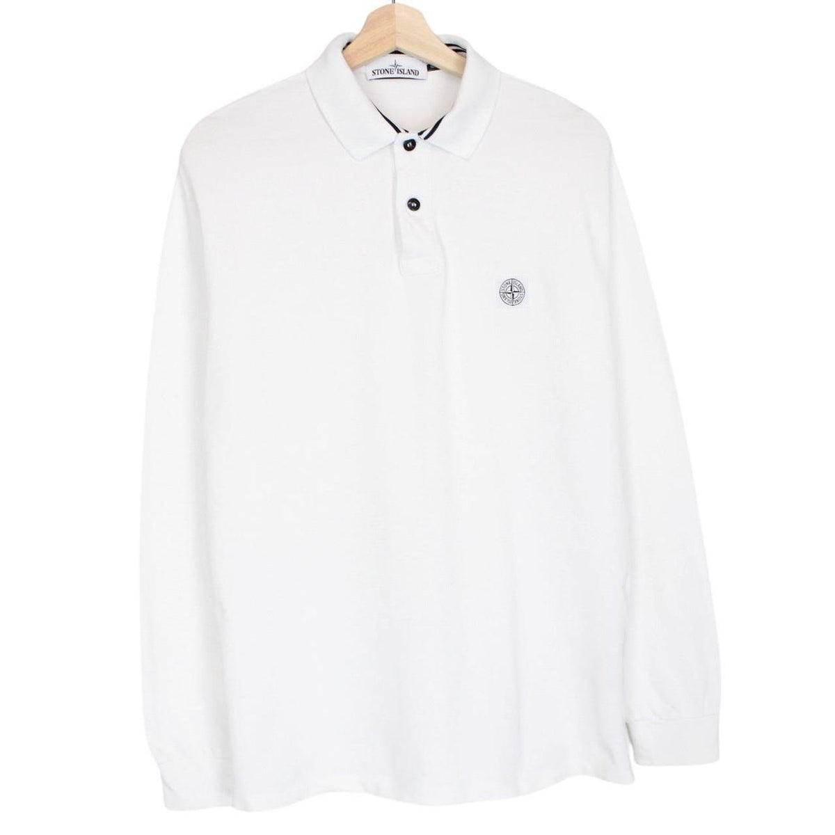 Stone Island white long sleeve polo shirt with embroidered compass logo and slim fit.