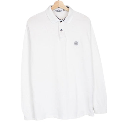 Stone Island white long sleeve polo shirt with embroidered compass logo and slim fit.