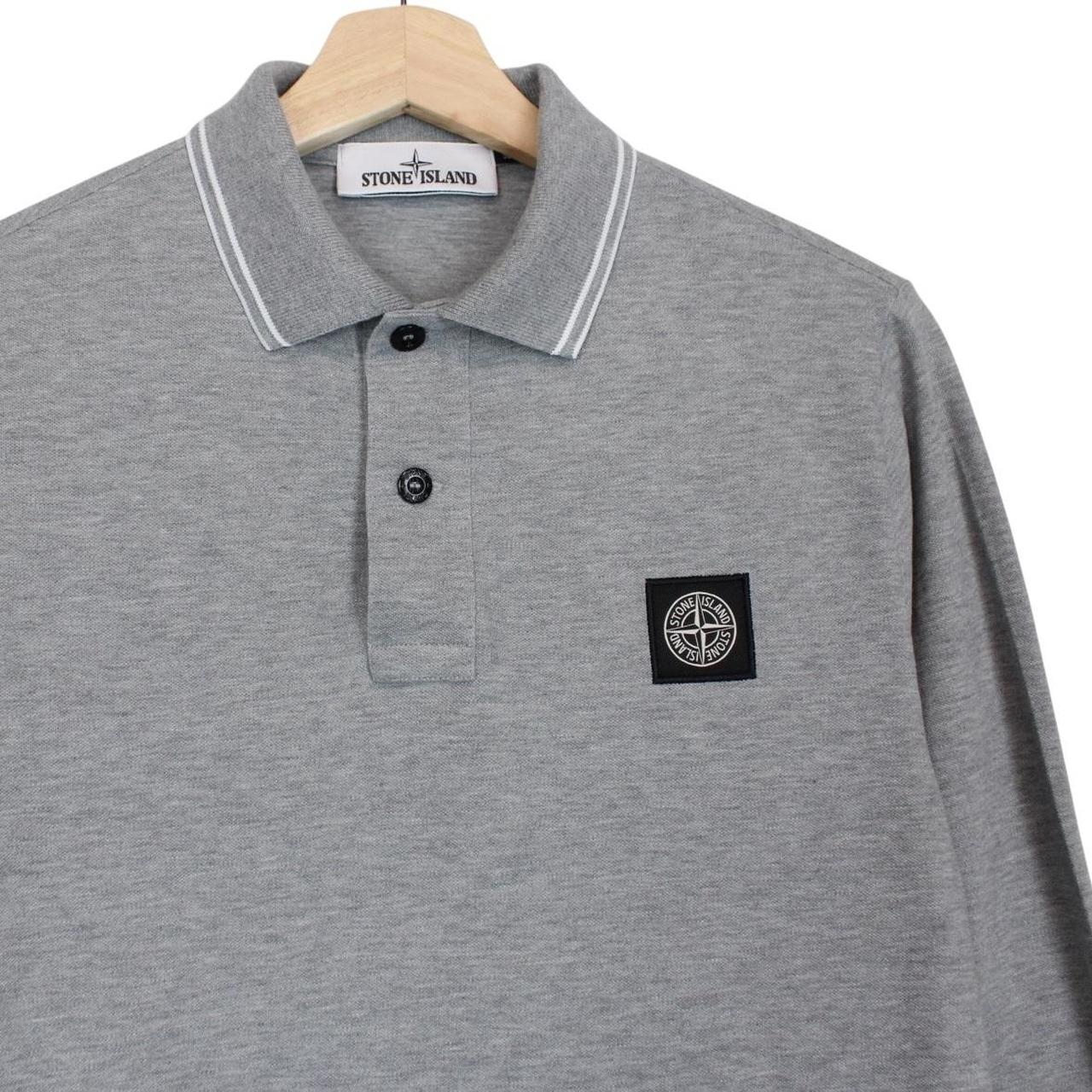 Stone Island grey long sleeve polo shirt with embroidered compass logo and slim fit.