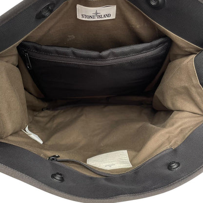 Stone Island black nylon tote bag with logo patch and crossbody strap.