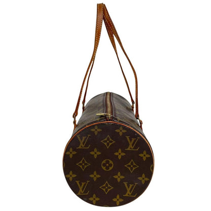 Louis Vuitton duffel bag brown and tan monogram canvas with logo and piping details.