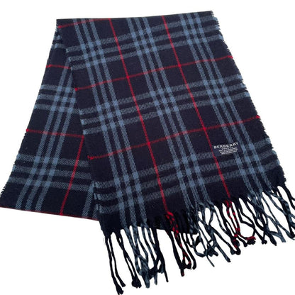 Vintage 90s Burberry Navy Blue Nova Check Lambswool Scarf