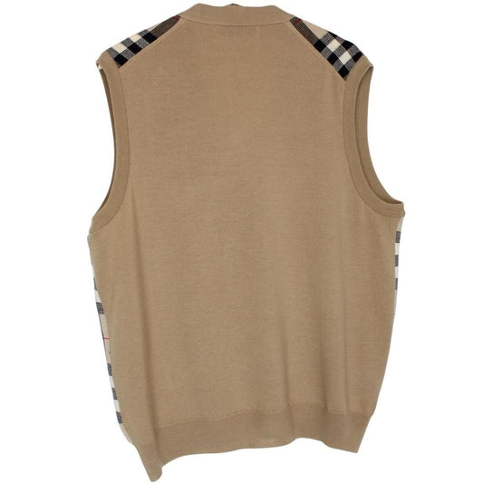 Burberry beige knit sweater vest with Nova Check pattern and merino wool material.