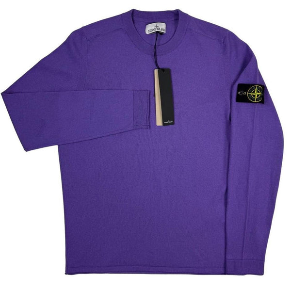Stone Island purple knit jumper made from organic cotton with logo patch detail.