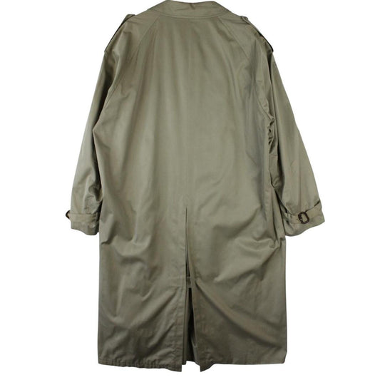 Burberry khaki green trench coat, single breasted, classic check lining, vintage 90s style.