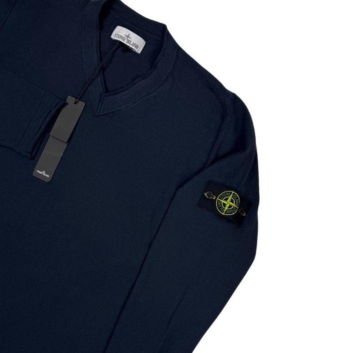 Stone Island navy blue knit jumper made from organic cotton with logo patch.