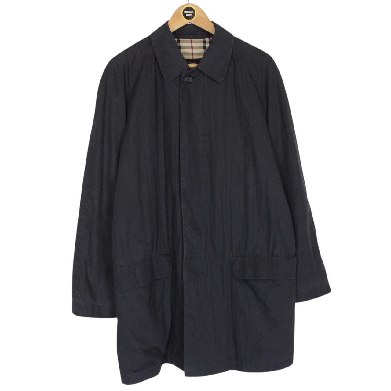 Vintage Burberry London Navy Blue Nova Check Lined Cotton Blend Balmacaan Coat