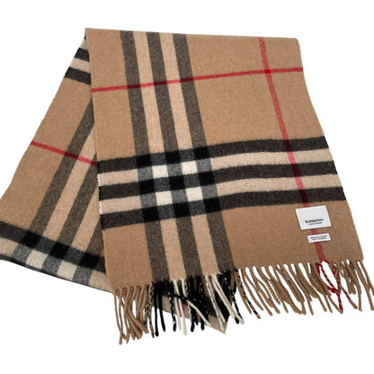 Burberry beige cashmere scarf featuring classic Nova Check pattern and logo.