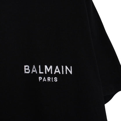 Balmain black pocket t-shirt with white embroidered logo and short sleeves.