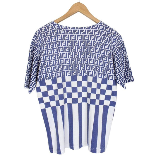 Vintage 90s Fendi Blue and White Zucca Monogram Cotton Short Sleeve T-Shirt