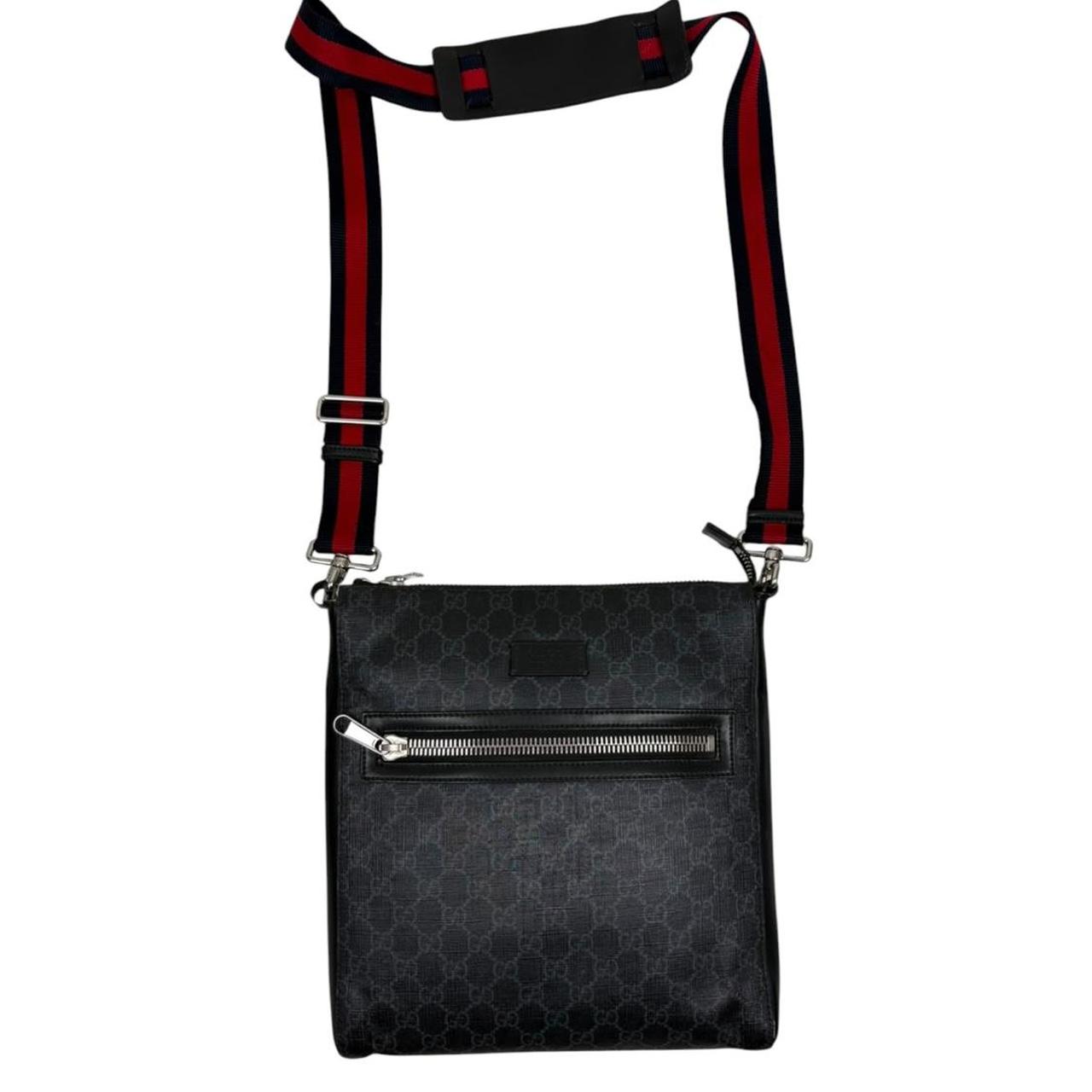 Gucci black duffel bag featuring GG Supreme monogram pattern and adjustable strap.