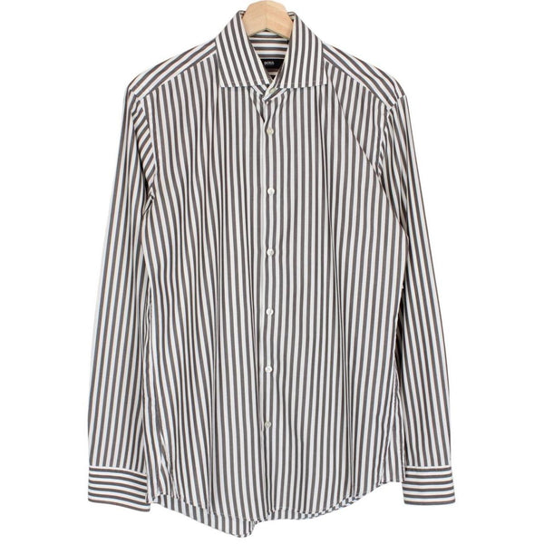 Hugo Boss Grey and White Striped Long Sleeve Cotton Shirt