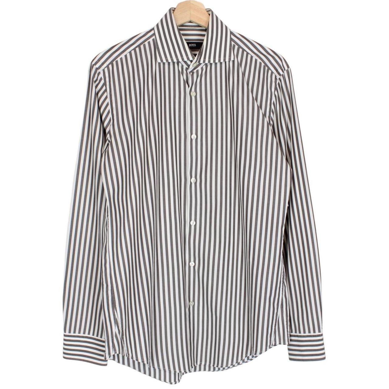 Hugo Boss Grey and White Striped Long Sleeve Cotton Shirt
