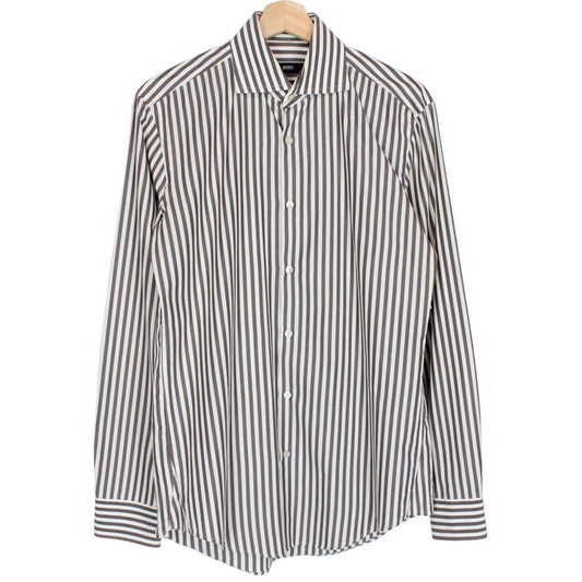 Hugo Boss Grey and White Striped Long Sleeve Cotton Shirt