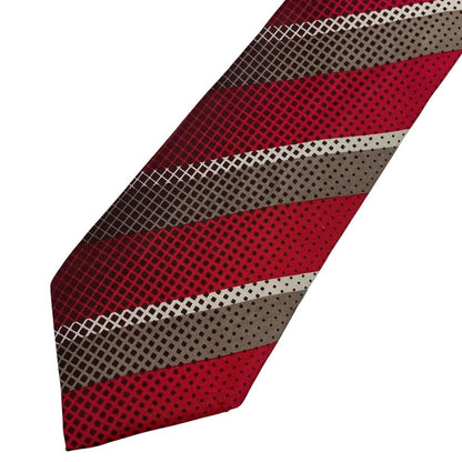 DKNY red silk tie with vintage stripes and logo detail.