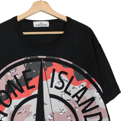 Stone Island black short sleeve t-shirt with desert camo pattern and compass logo.