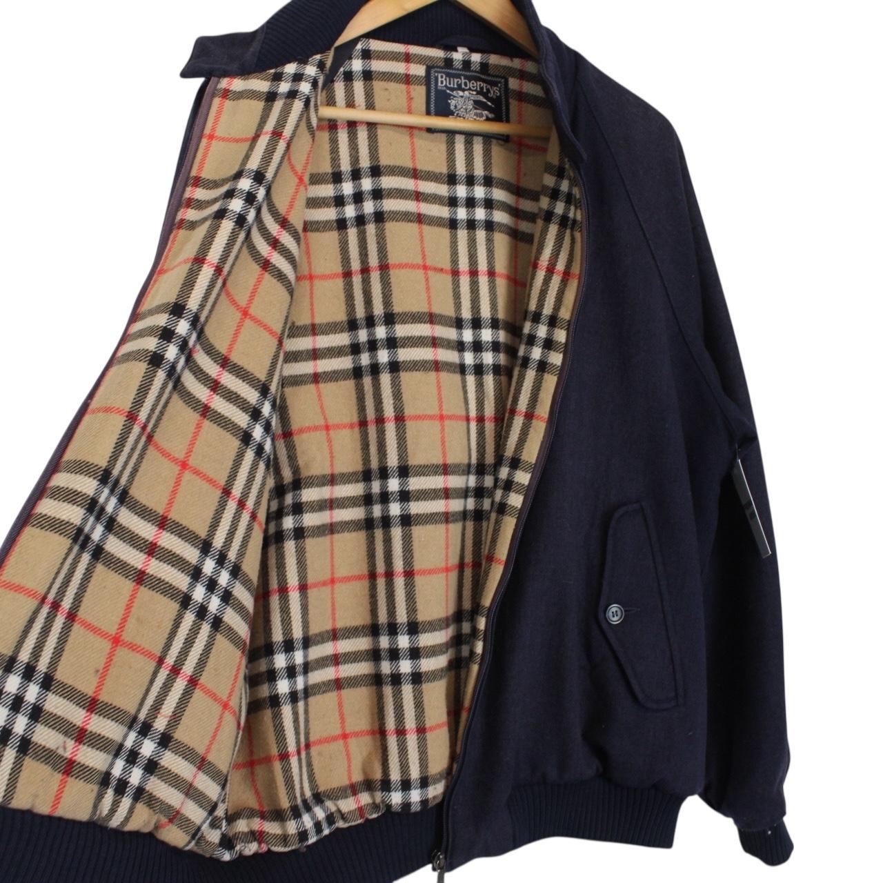 Vintage 90s Burberry Navy Blue Nova Check Lined Wool Harrington Jacket