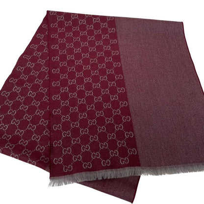 Gucci Burgundy and Grey Half GG Monogram Frayed Wool Scarf