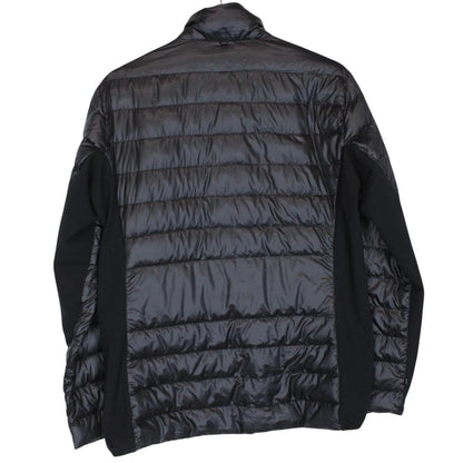 Moncler black lightweight down jacket with full zip and logo patch on sleeve.