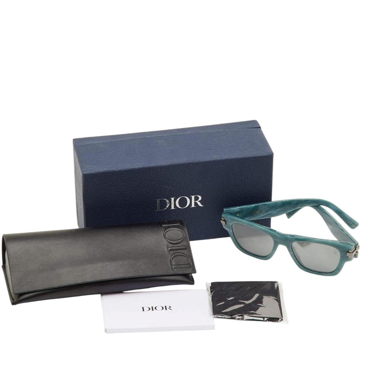 Dior sunglasses black and turquoise marble design with Wayfarer shape and logo.