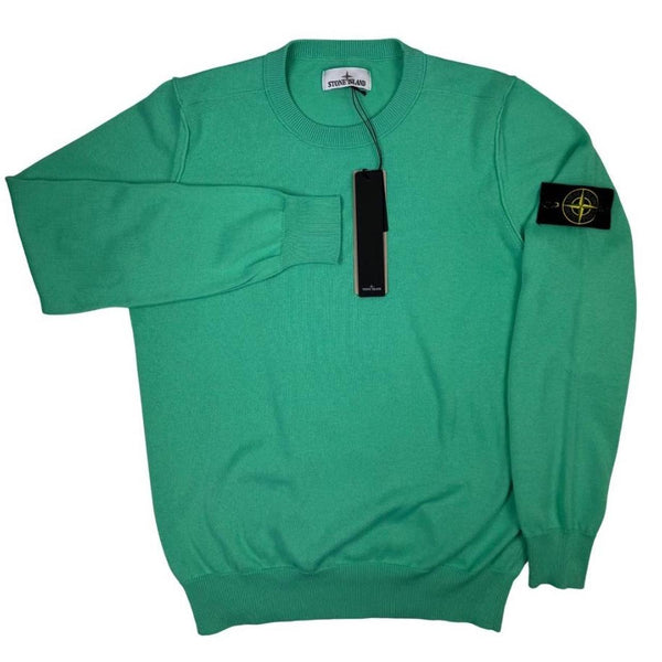 Stone Island green knit jumper made from organic cotton with logo patch detail.